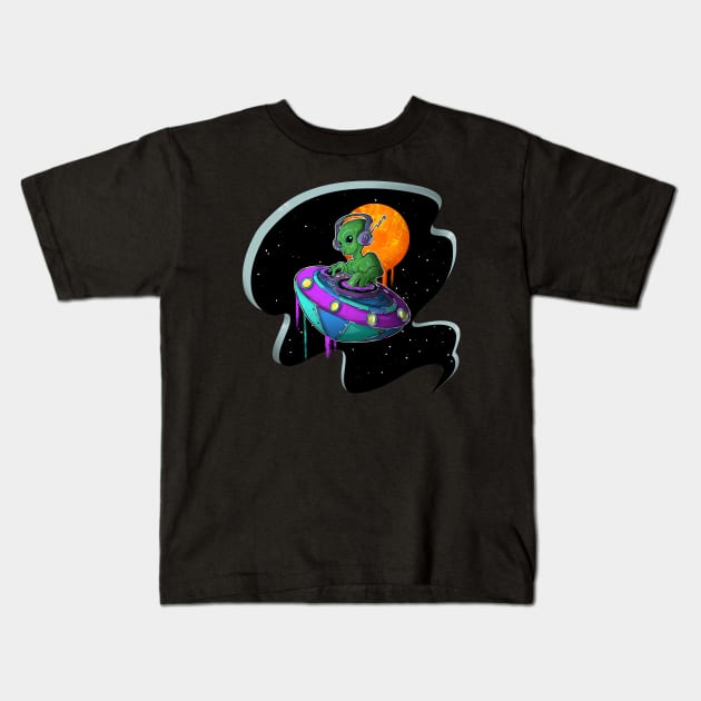 Alien Ufo in Space Dj Kids T-Shirt by Trendy Black Sheep